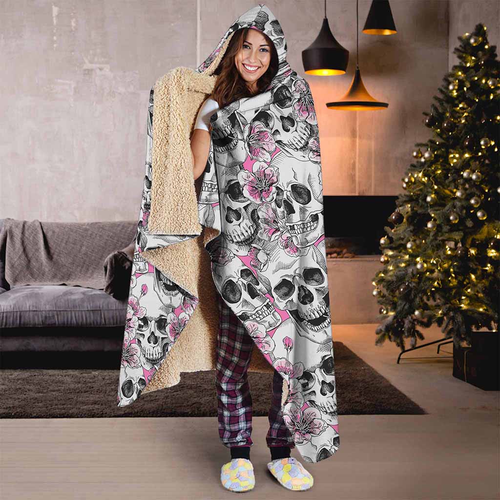 Pink Flowers Skull Pattern Print Hooded Blanket