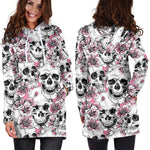 Pink Flowers Skull Pattern Print Hoodie Dress GearFrost