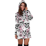 Pink Flowers Skull Pattern Print Hoodie Dress GearFrost