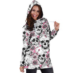 Pink Flowers Skull Pattern Print Hoodie Dress GearFrost