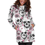 Pink Flowers Skull Pattern Print Hoodie Dress GearFrost