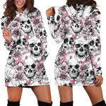 Pink Flowers Skull Pattern Print Hoodie Dress GearFrost