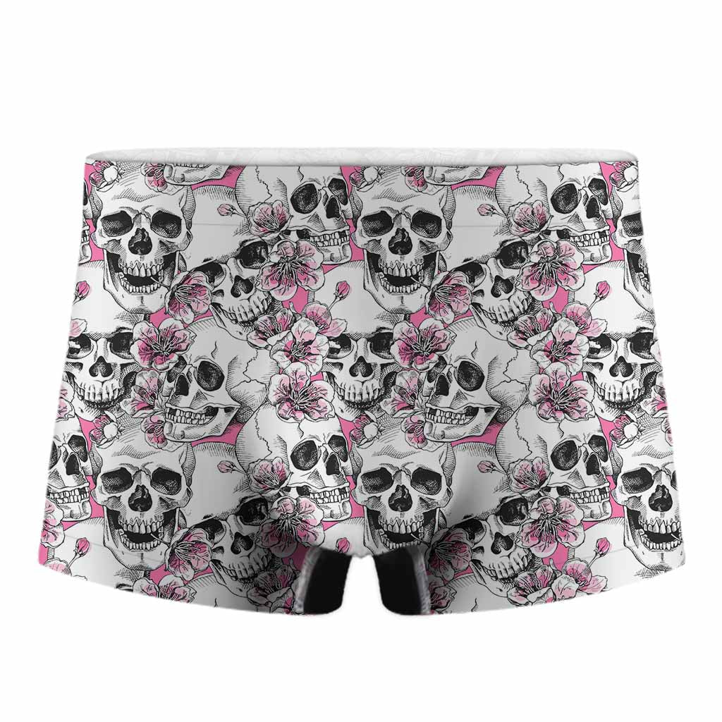 Pink Flowers Skull Pattern Print Men's Boxer Briefs