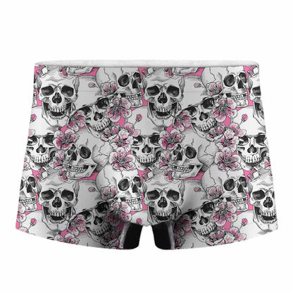 Pink Flowers Skull Pattern Print Men's Boxer Briefs