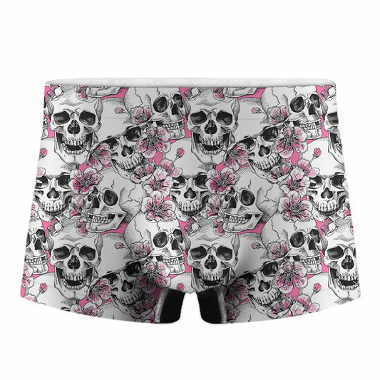 Pink Flowers Skull Pattern Print Men's Boxer Briefs