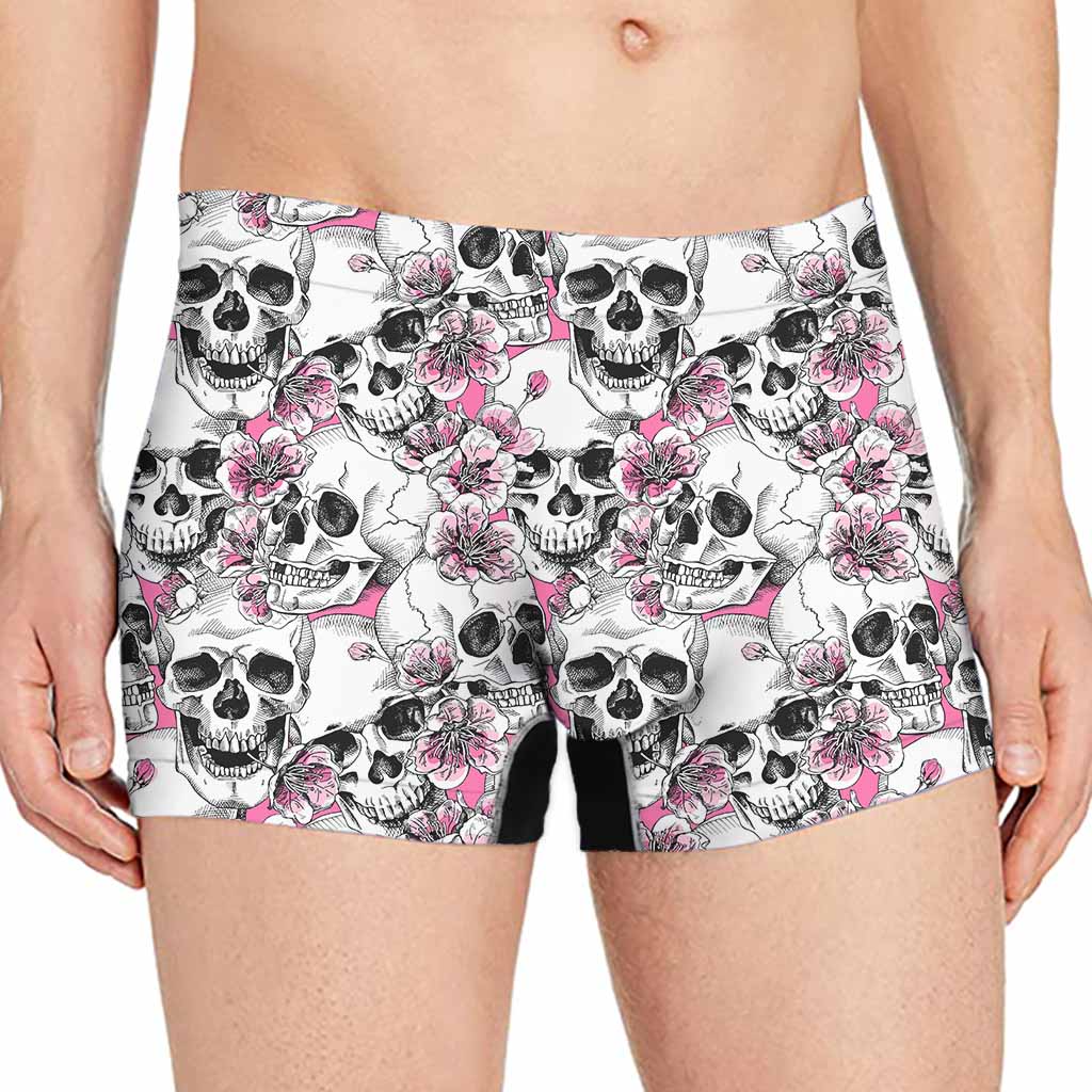 Pink Flowers Skull Pattern Print Men's Boxer Briefs