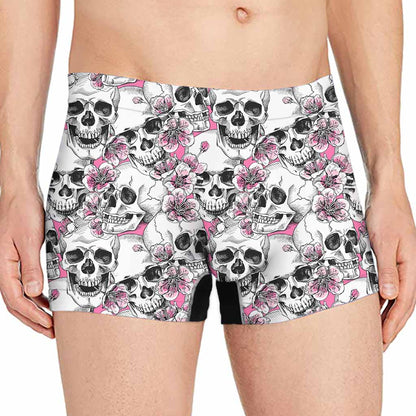 Pink Flowers Skull Pattern Print Men's Boxer Briefs