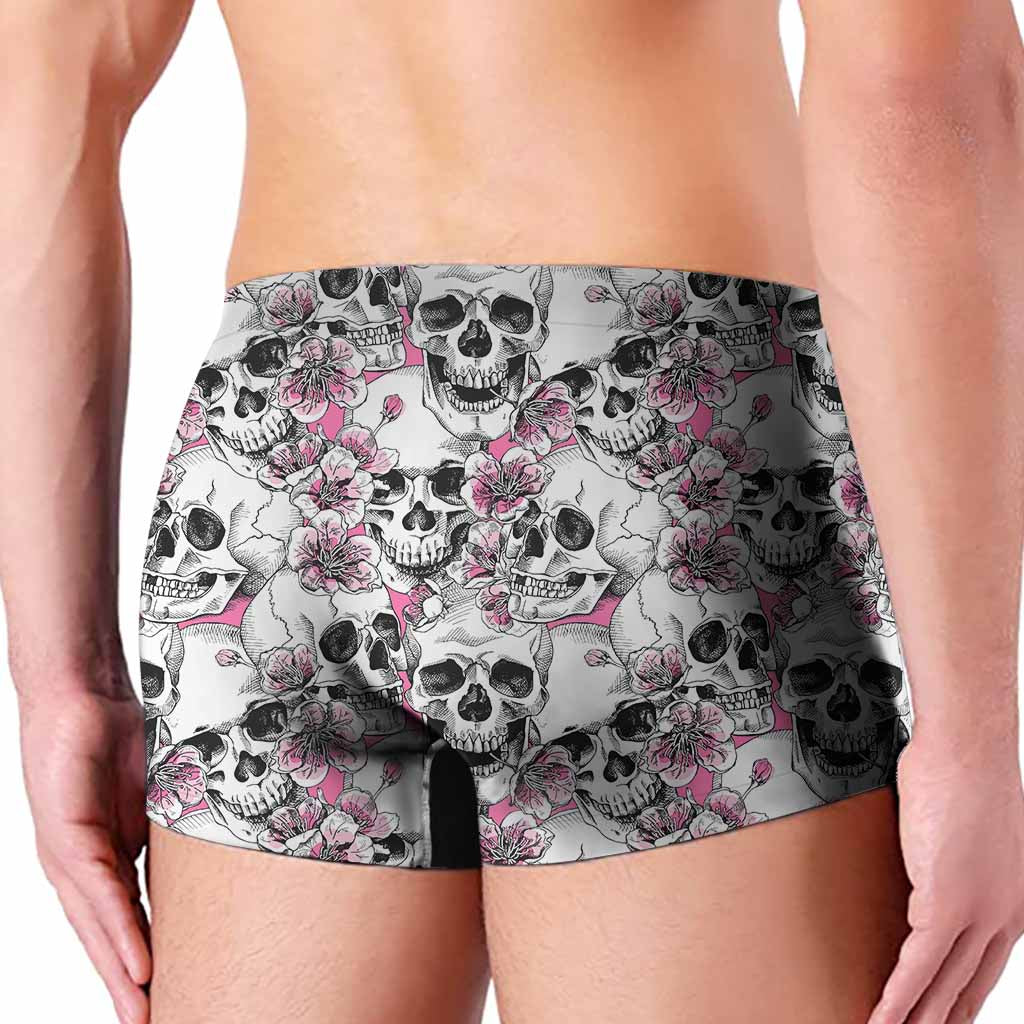 Pink Flowers Skull Pattern Print Men's Boxer Briefs