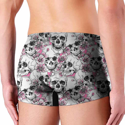 Pink Flowers Skull Pattern Print Men's Boxer Briefs