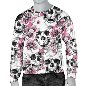 Pink Flowers Skull Pattern Print Men's Crewneck Sweatshirt GearFrost