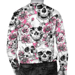Pink Flowers Skull Pattern Print Men's Crewneck Sweatshirt GearFrost