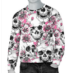 Pink Flowers Skull Pattern Print Men's Crewneck Sweatshirt GearFrost
