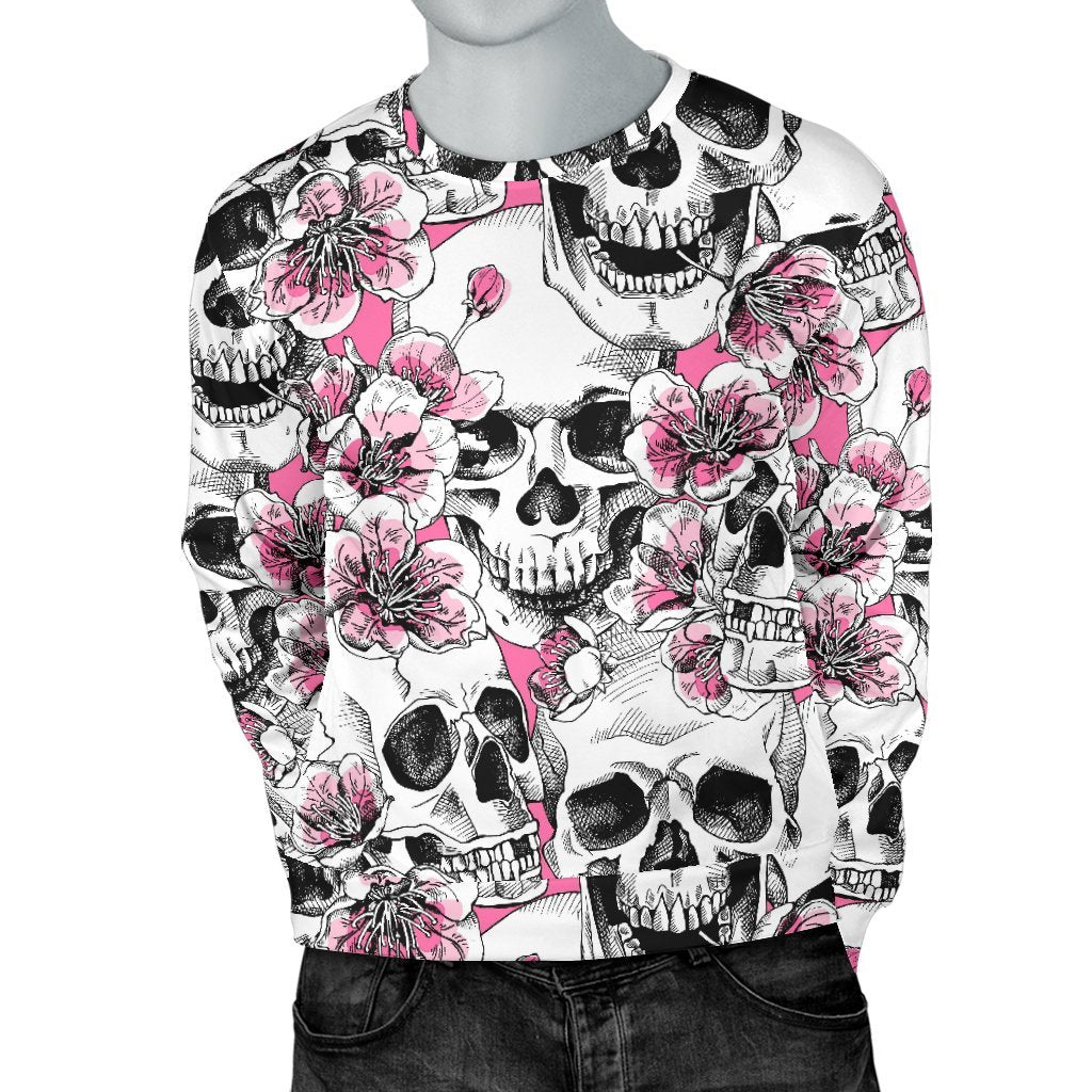 Pink Flowers Skull Pattern Print Men's Crewneck Sweatshirt GearFrost