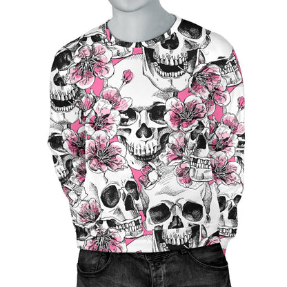 Pink Flowers Skull Pattern Print Men's Crewneck Sweatshirt GearFrost