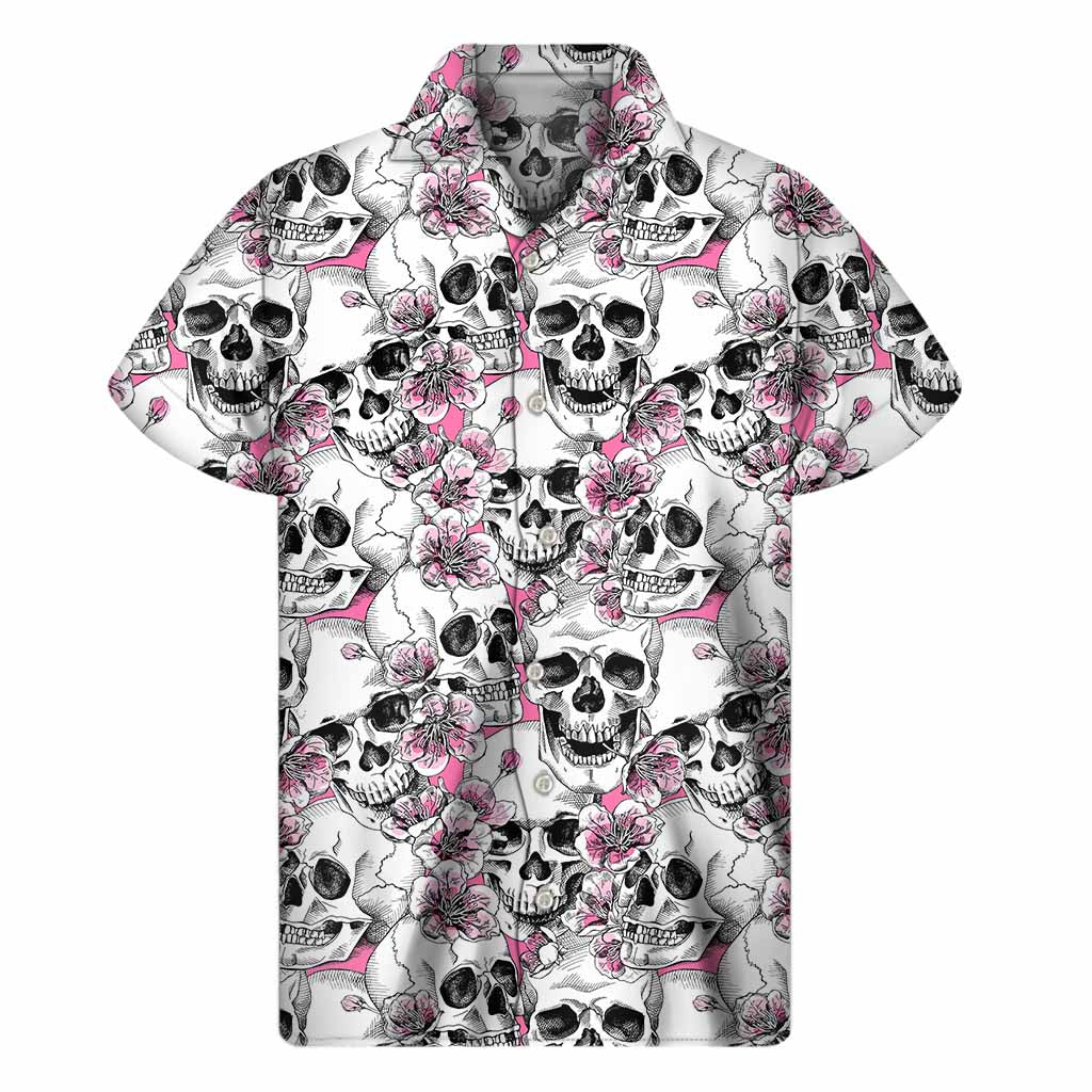Pink Flowers Skull Pattern Print Men's Short Sleeve Shirt
