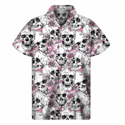 Pink Flowers Skull Pattern Print Men's Short Sleeve Shirt