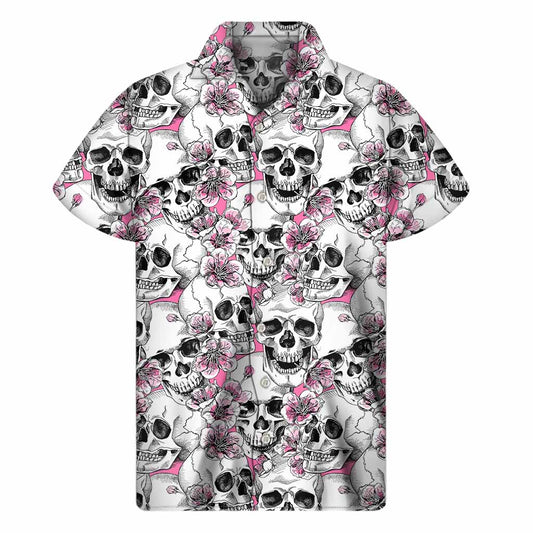 Pink Flowers Skull Pattern Print Men's Short Sleeve Shirt