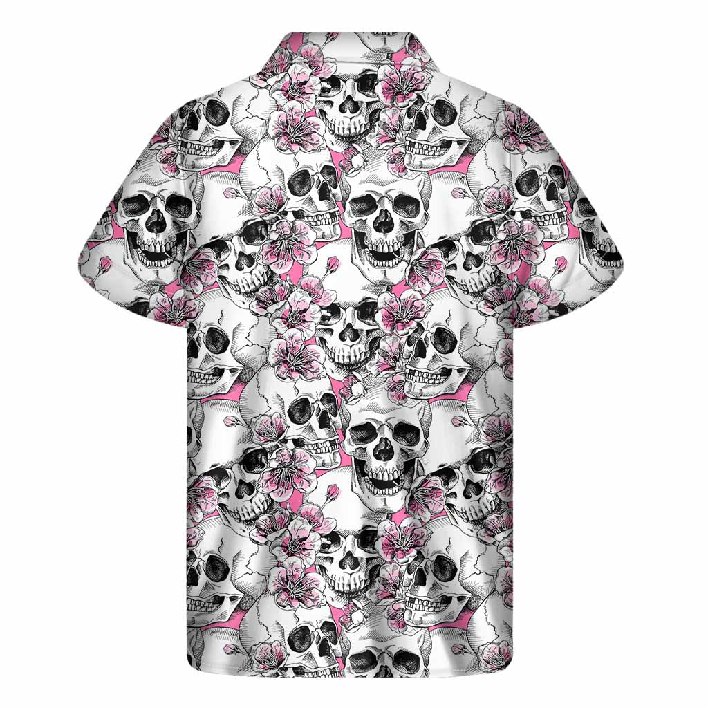 Pink Flowers Skull Pattern Print Men's Short Sleeve Shirt