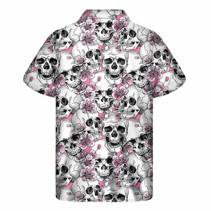 Pink Flowers Skull Pattern Print Men's Short Sleeve Shirt