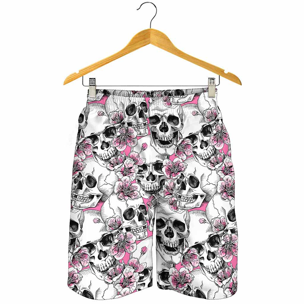 Pink Flowers Skull Pattern Print Men's Shorts