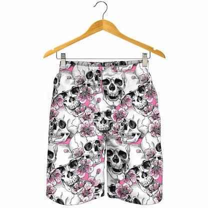 Pink Flowers Skull Pattern Print Men's Shorts