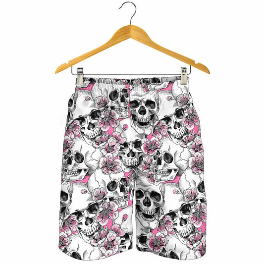 Pink Flowers Skull Pattern Print Men's Shorts