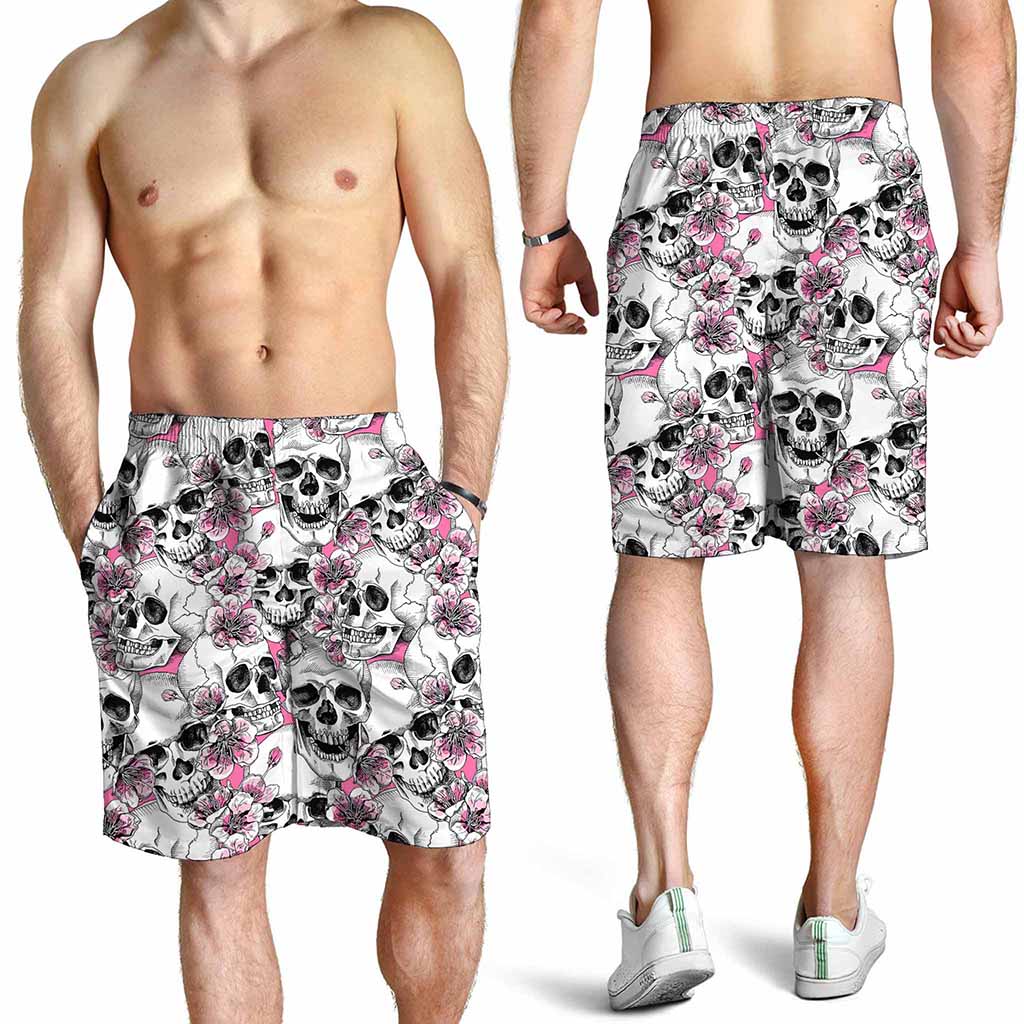 Pink Flowers Skull Pattern Print Men's Shorts