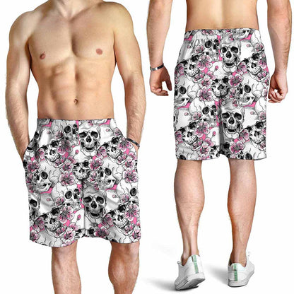 Pink Flowers Skull Pattern Print Men's Shorts