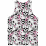 Pink Flowers Skull Pattern Print Men's Tank Top