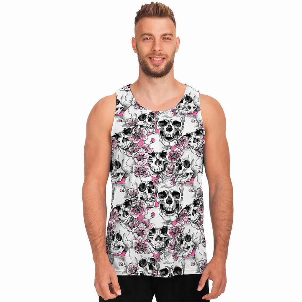 Pink Flowers Skull Pattern Print Men's Tank Top
