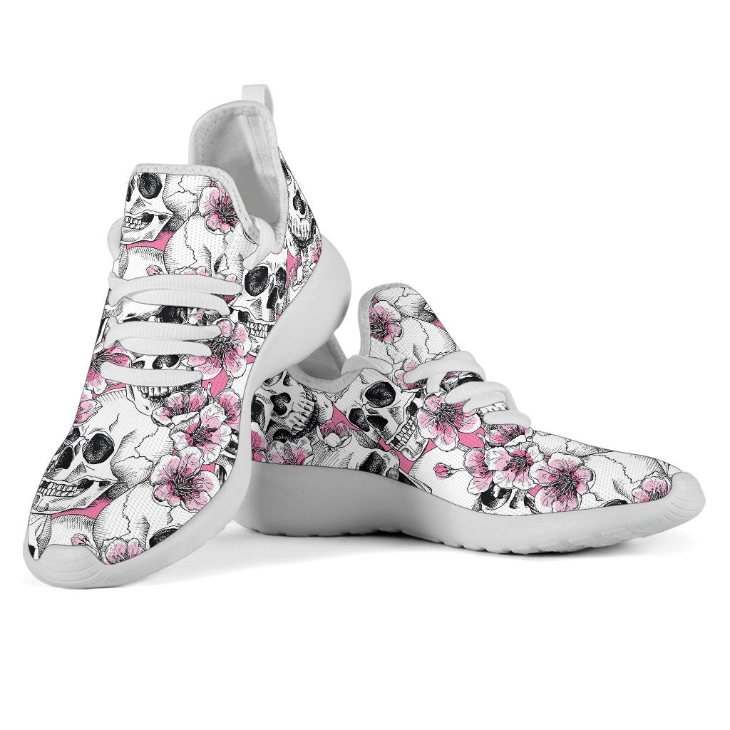 Pink Flowers Skull Pattern Print Mesh Knit Shoes GearFrost