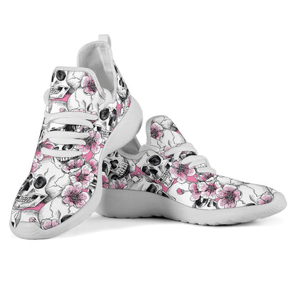 Pink Flowers Skull Pattern Print Mesh Knit Shoes GearFrost