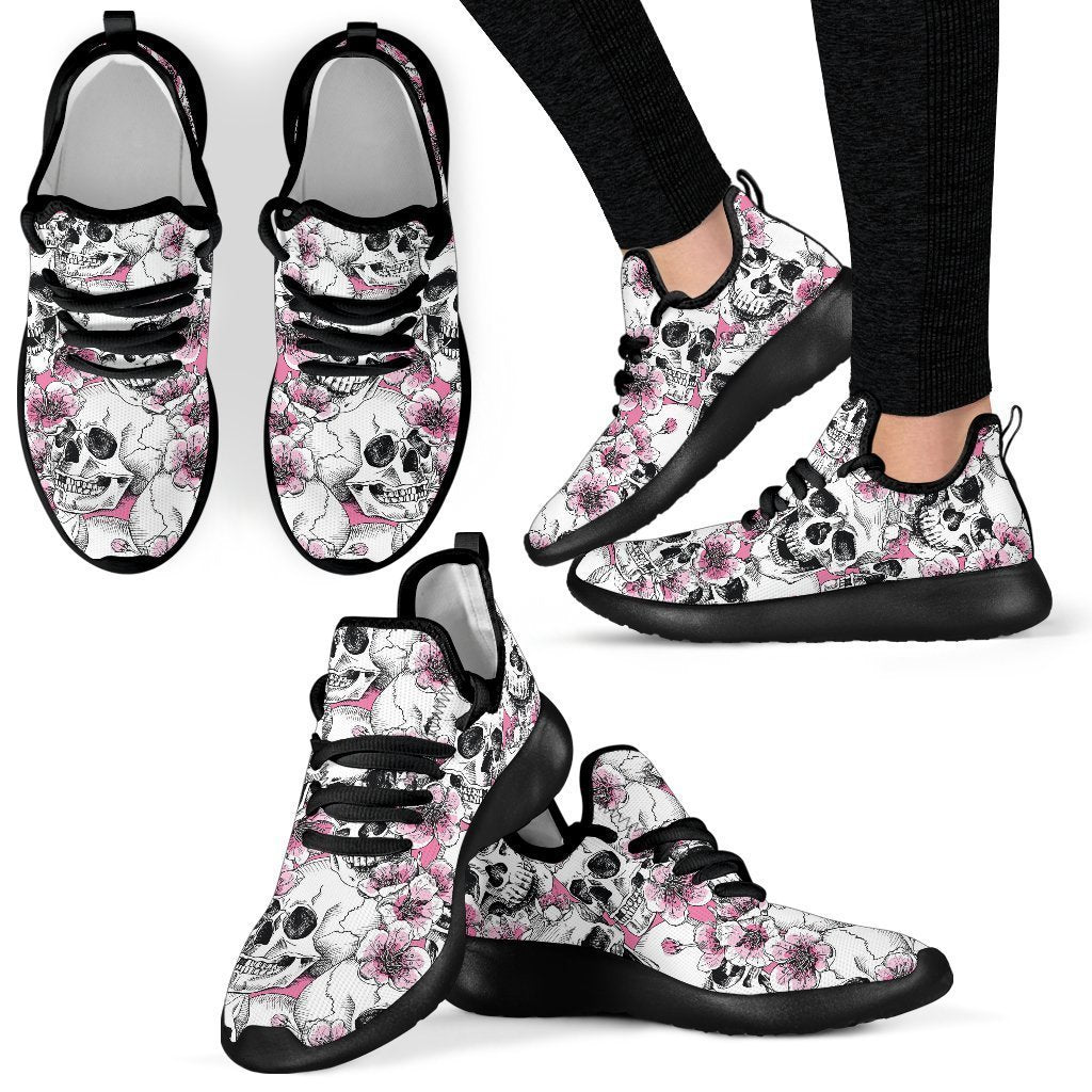 Pink Flowers Skull Pattern Print Mesh Knit Shoes GearFrost