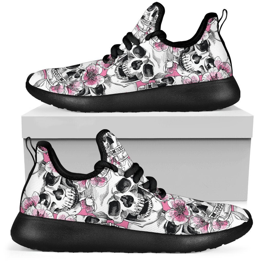 Pink Flowers Skull Pattern Print Mesh Knit Shoes GearFrost
