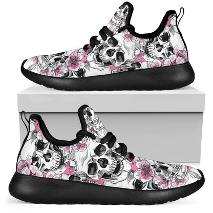 Pink Flowers Skull Pattern Print Mesh Knit Shoes GearFrost