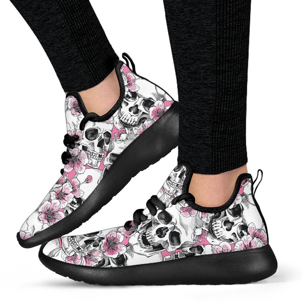 Pink Flowers Skull Pattern Print Mesh Knit Shoes GearFrost