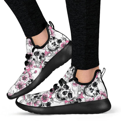 Pink Flowers Skull Pattern Print Mesh Knit Shoes GearFrost