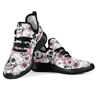 Pink Flowers Skull Pattern Print Mesh Knit Shoes GearFrost