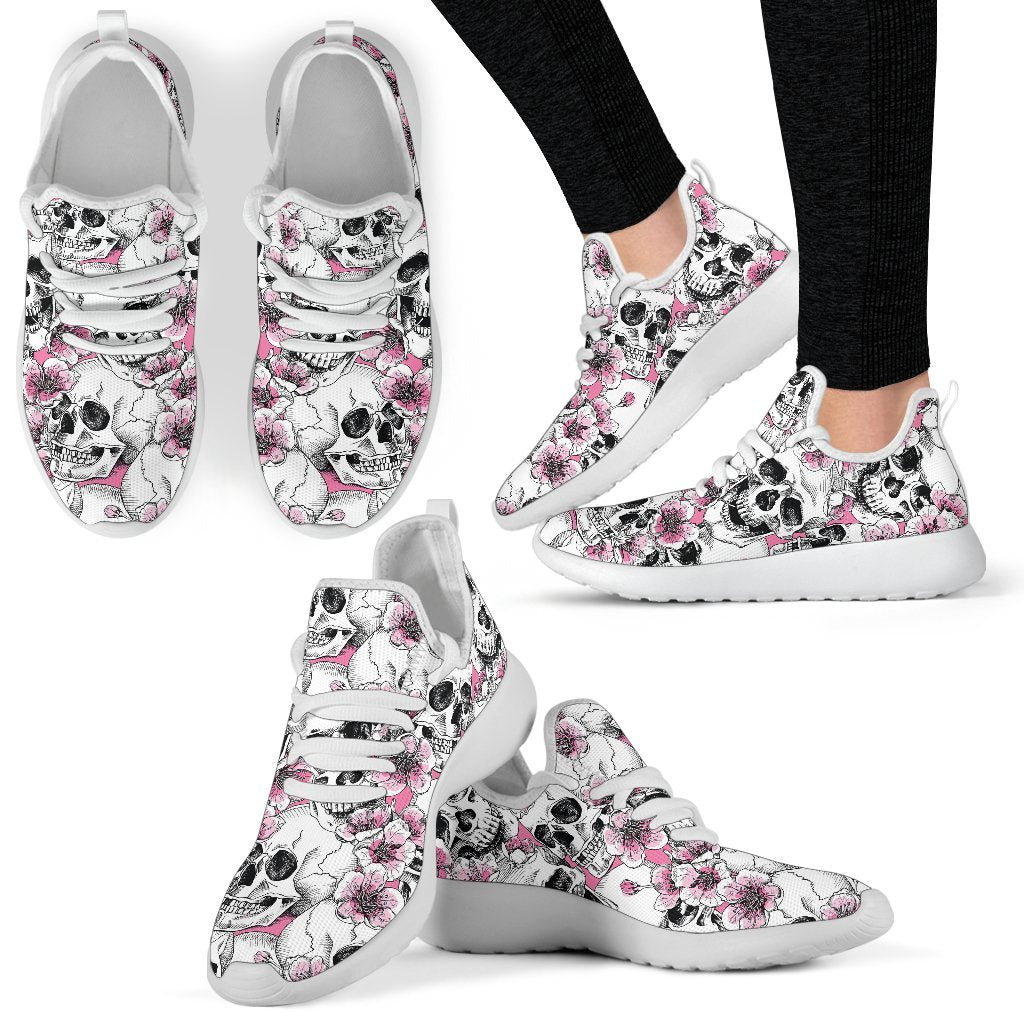 Pink Flowers Skull Pattern Print Mesh Knit Shoes GearFrost