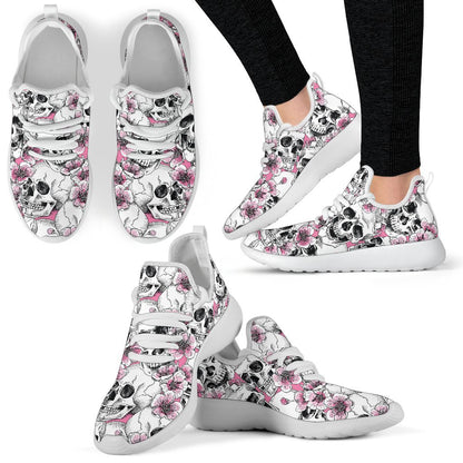 Pink Flowers Skull Pattern Print Mesh Knit Shoes GearFrost