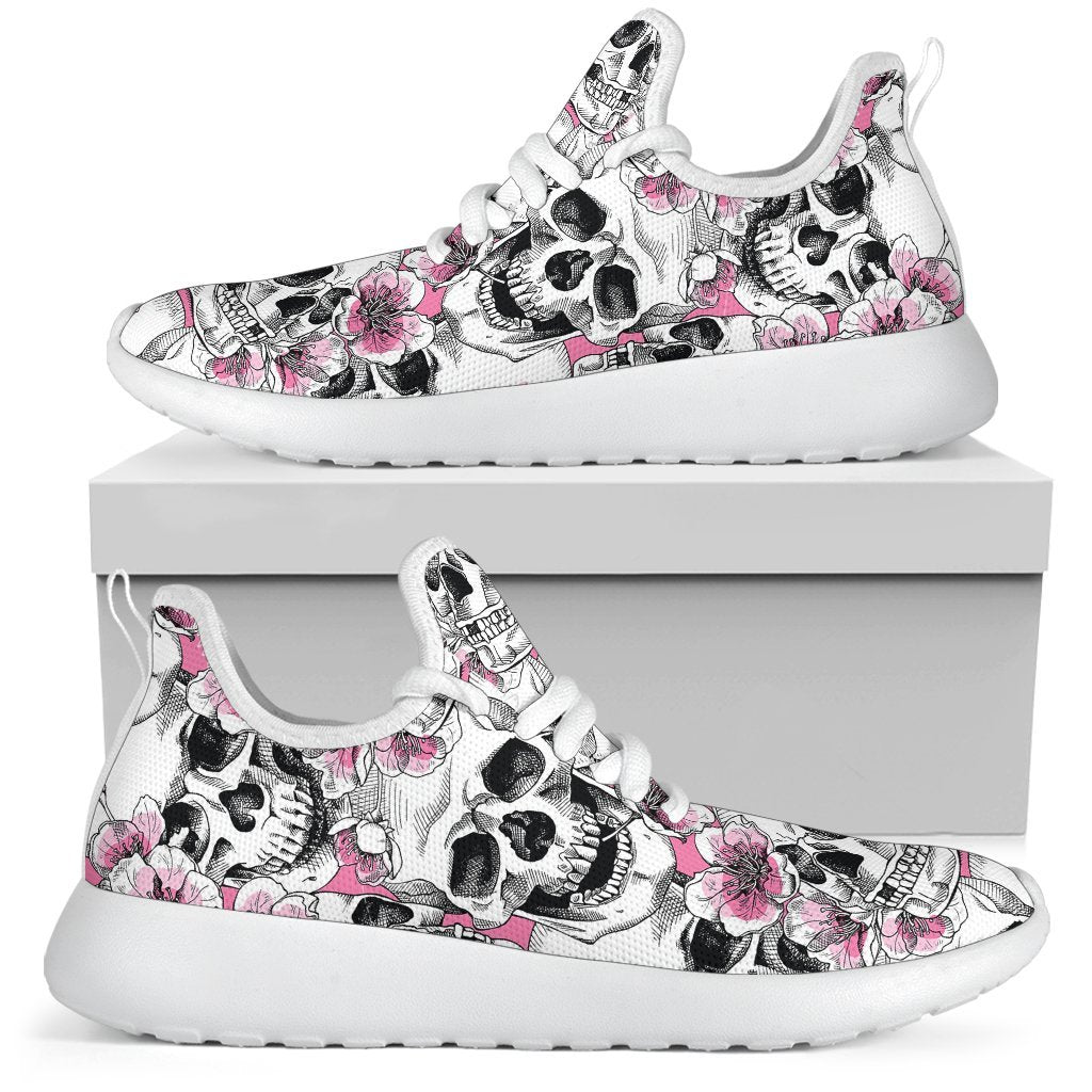 Pink Flowers Skull Pattern Print Mesh Knit Shoes GearFrost