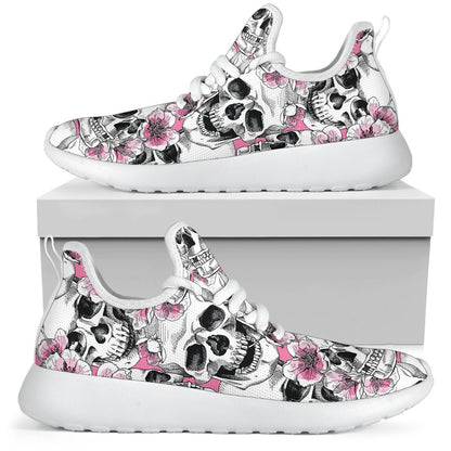 Pink Flowers Skull Pattern Print Mesh Knit Shoes GearFrost