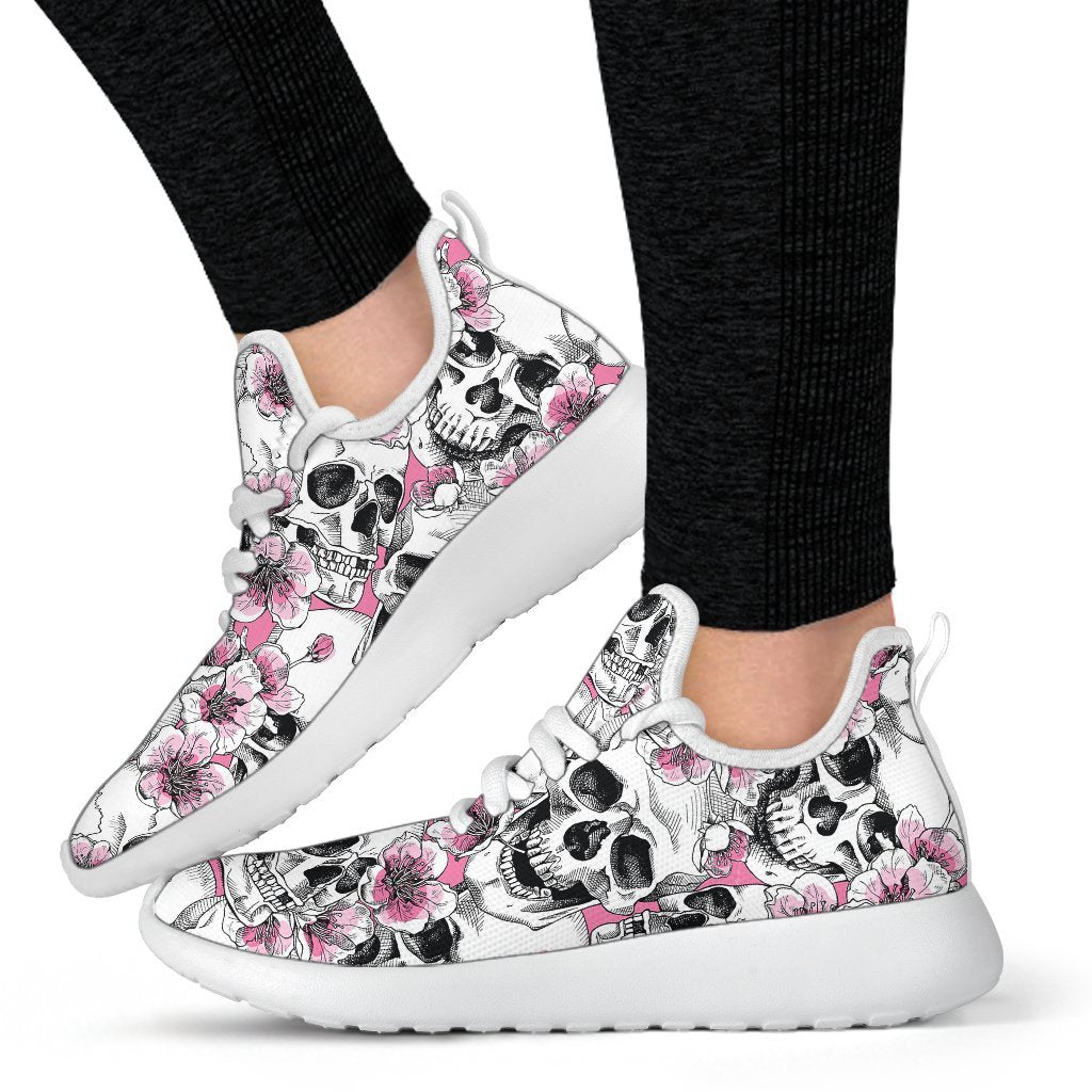 Pink Flowers Skull Pattern Print Mesh Knit Shoes GearFrost