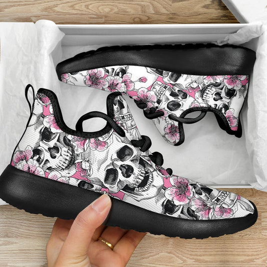 Pink Flowers Skull Pattern Print Mesh Knit Shoes GearFrost