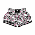 Pink Flowers Skull Pattern Print Muay Thai Boxing Shorts