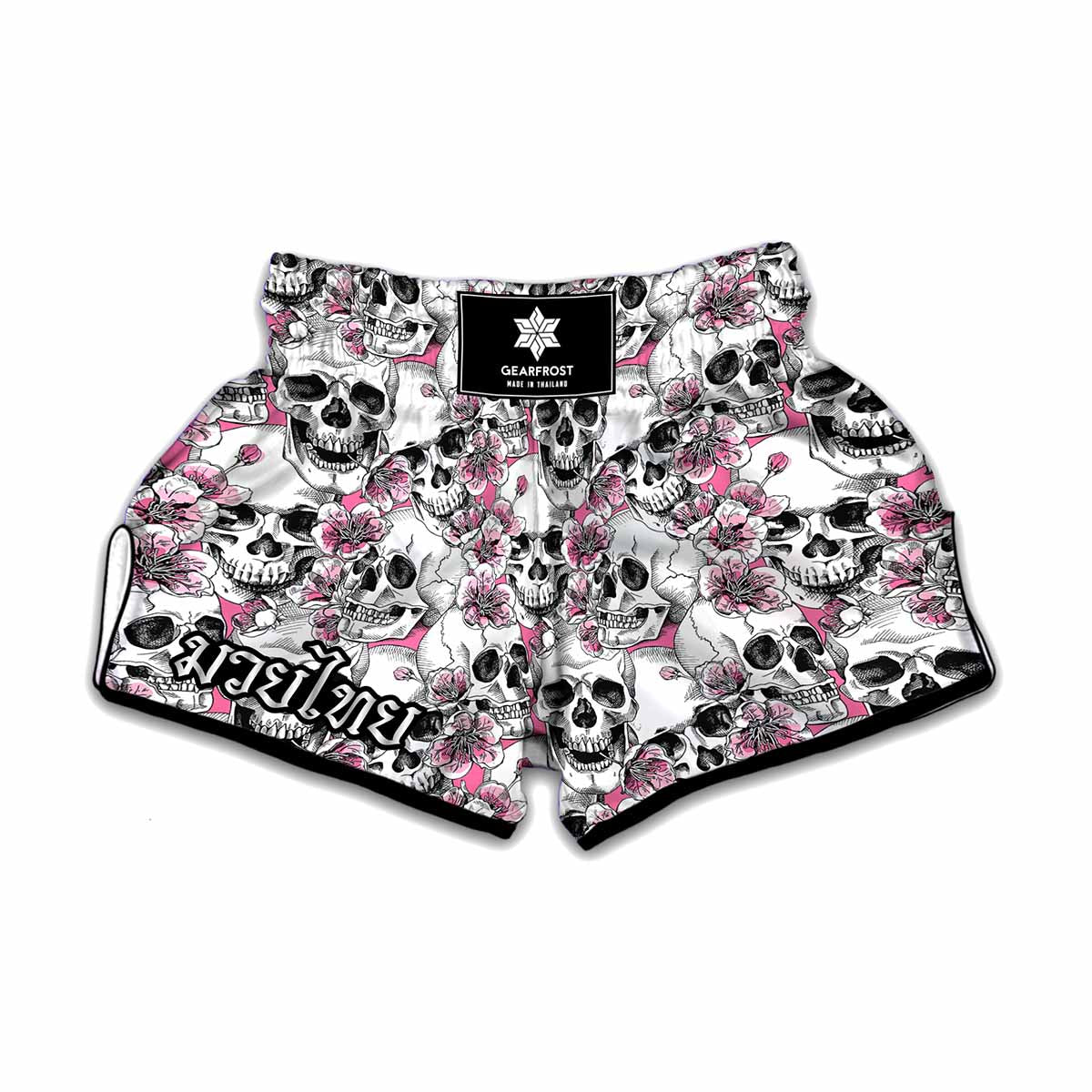 Pink Flowers Skull Pattern Print Muay Thai Boxing Shorts