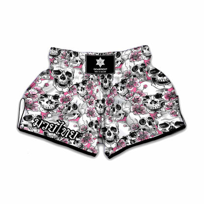 Pink Flowers Skull Pattern Print Muay Thai Boxing Shorts