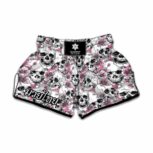 Pink Flowers Skull Pattern Print Muay Thai Boxing Shorts