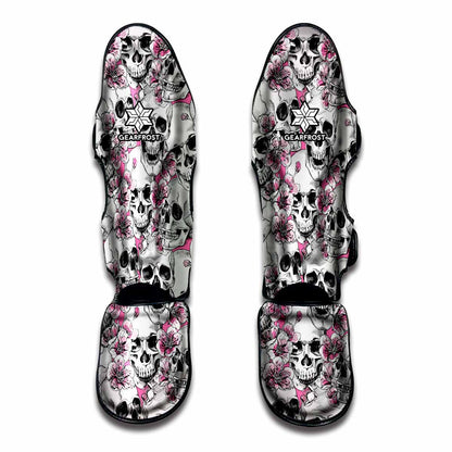 Pink Flowers Skull Pattern Print Muay Thai Shin Guard