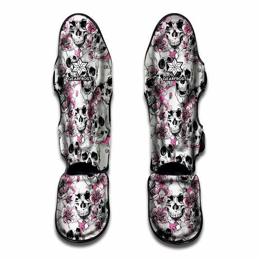 Pink Flowers Skull Pattern Print Muay Thai Shin Guard